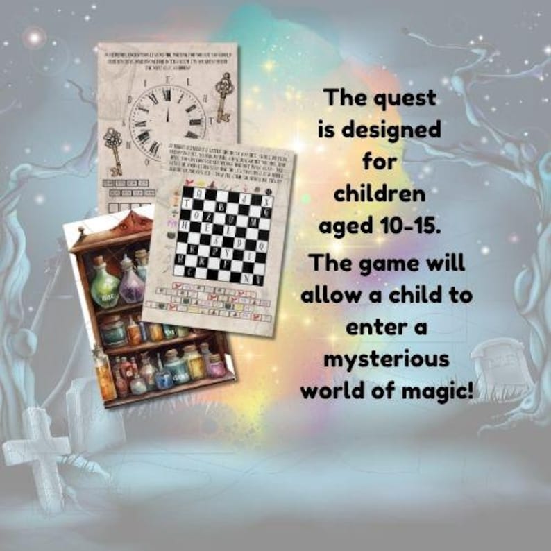 May include: A whimsical illustration of a magical quest for children aged 10-15. The image features a clock, a potion shelf, and a chessboard, suggesting a game filled with puzzles and challenges.