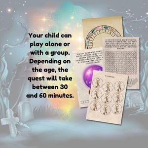 May include: A printable escape room game for kids. The game features a purple orb, keys, and a word search puzzle. The text on the page reads "Your child can play alone or with a group. Depending on the age, the quest will take between 30 and 60 minutes."