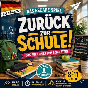Może przedstawiać: Cyfrowa gra typu escape room zatytułowana DAS ESCAPE SPIEL ZURÜCK ZUR SCHULE z zielonym plecakiem, zeszytami, ołówkami, czarnym piórnikiem, stosem książek z zielonym jabłkiem i tablicą z tekstem. Zawiera wiek 8-11 lat oraz informacje o pobieraniu.