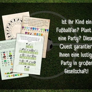 May include: A set of three printable game cards with a soccer theme. The cards feature a word search, a crossword puzzle, and a game board. The text on the cards reads "Halbzeitpause" and "Ist Ihr Kind ein Fu&szlig;ballfan? Plant es eine Party? Dieser Quest garantiert Ihnen eine lustige Party in gro&szlig;er Gesellschaft!"