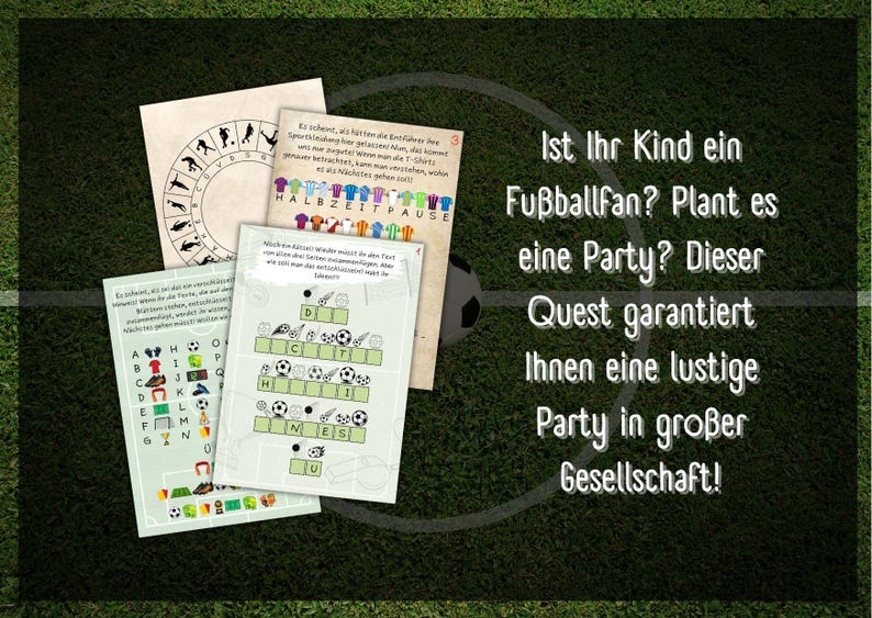 May include: A set of three printable game cards with a soccer theme. The cards feature a word search, a crossword puzzle, and a game board. The text on the cards reads "Halbzeitpause" and "Ist Ihr Kind ein Fu&szlig;ballfan? Plant es eine Party? Dieser Quest garantiert Ihnen eine lustige Party in gro&szlig;er Gesellschaft!"