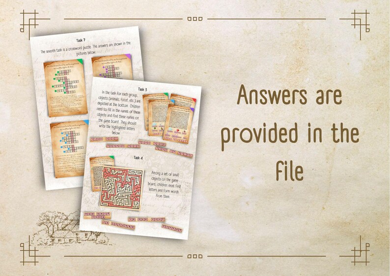 May include: A set of printable worksheets for kids featuring a variety of activities, including word searches, mazes, and a crossword puzzle. The worksheets are designed to help children learn new words and improve their vocabulary. The text on the page reads "Answers are provided in the file."