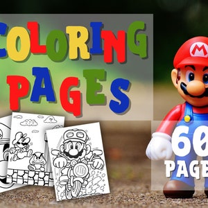Könnte beinhalten: Schwarz-weiße Malvorlagen mit Mario-Charakteren. Die Seiten zeigen Mario auf einem Motorrad, Mario und Luigi sowie Marios Kopf. Eine rot-blaue Mario-Figur steht vor den Seiten mit dem Text "COLORING PAGES 60 PAGES".