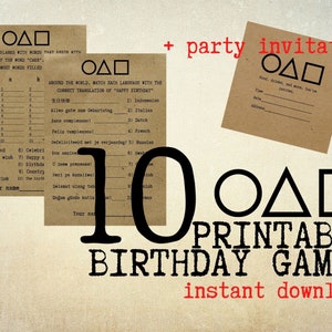 Puede incluir: Diez juegos de cumplea&ntilde;os imprimibles con una invitaci&oacute;n a la fiesta. Los juegos incluyen una b&uacute;squeda de palabras, un juego de traducci&oacute;n y un juego de completar las palabras. La invitaci&oacute;n a la fiesta es una simple tarjeta con espacio para los detalles de la fiesta.