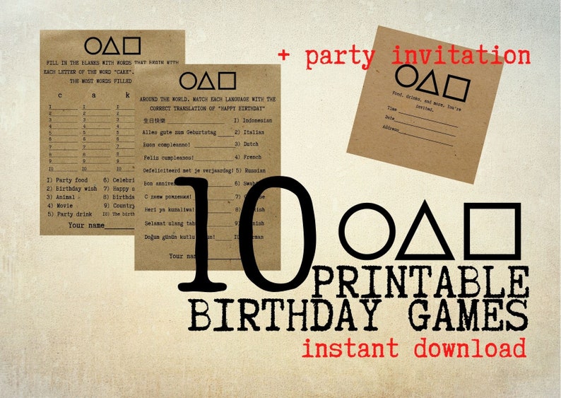 Puede incluir: Diez juegos de cumplea&ntilde;os imprimibles con una invitaci&oacute;n a la fiesta. Los juegos incluyen una b&uacute;squeda de palabras, un juego de traducci&oacute;n y un juego de completar las palabras. La invitaci&oacute;n a la fiesta es una simple tarjeta con espacio para los detalles de la fiesta.