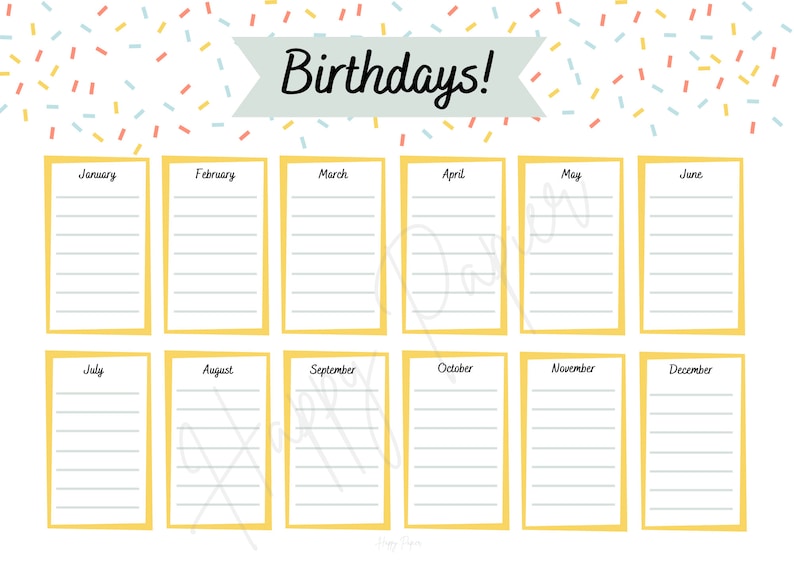 Printable Birthday Calendar Etsy