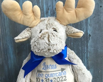 Personalized embroidered Moose stuffed plush animal, gift or keepsake Custom baby shower gift, custom gift moose, birth stats/announcement,