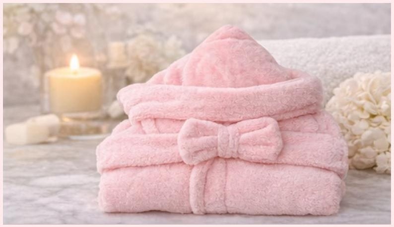Peut inclure: Un peignoir &agrave; capuche rose clair avec une fermeture &agrave; n&oelig;ud papillon assortie. Le peignoir en peluche est pli&eacute; avec soin, mettant en valeur sa texture et son design. L'image &eacute;voque le confort et la d&eacute;tente, pour le spa ou le bain.