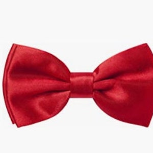 May include: A solid red bow tie made of satin.