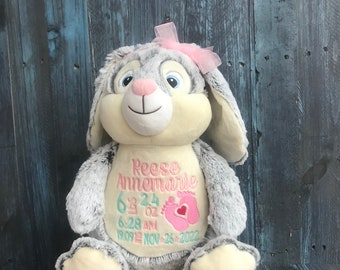 Personalized embroidered stuffed plush bunny, gift or keepsake. Custom with a monogram, birth stats, announcement, graduation or baby shower