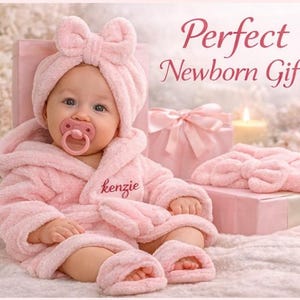 Personalized Baby Girl Spa Robe Set, Custom Name Infant Robe Slippers Headband