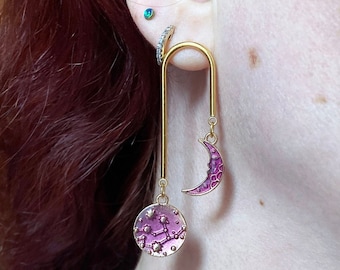 Pink Moons Earrings. Crescent Moon& Full Moon Charm Earrings. Dangle Asymmetrical Moon Earrings. Cute Cosmic, Witchy, Celestial Earrings.