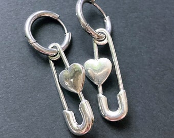 Heart Pin Earrings. Safety Pin Earrings. Stainless Steel Hoops. Gothic, Alternative, Witchy, Punk, Grunge Earrings.