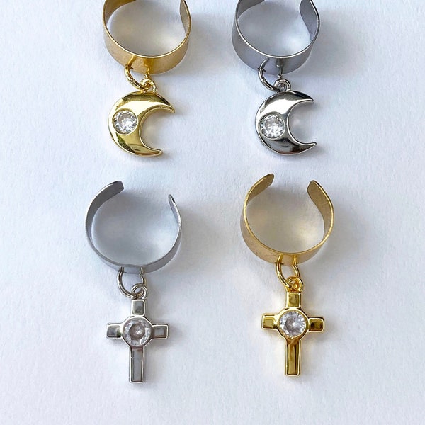 Earcuff with Moon & Cross. Gold or Silver Earcuff. Dangling Charm Ear Cuff. Adjustable Stainless Steel Earring. Clip Earring. Helix Earring