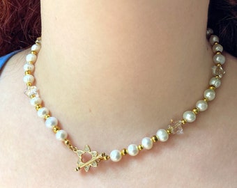 Natural Pearls Necklace. Fresh Water Pearl. Glass Star Beads. Gold-Plated Flower Clasp Pendant. Wedding Pearl Necklace. Dainty Pearl Choker.