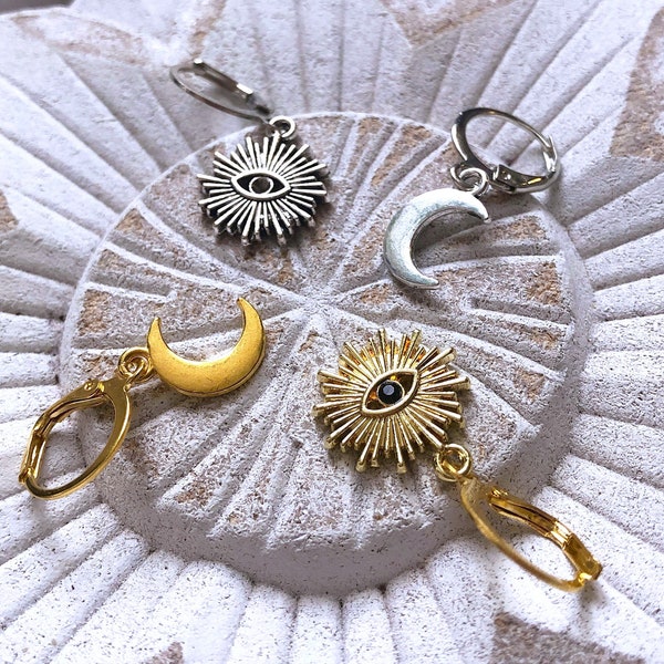 Asymmetrical "Night&Day" Earrings Silver or Gold. Tiny Moon Sun Eye. Small Solar Lunar Stars. Alternative, Esoteric, Goth, Witchy Earrings.