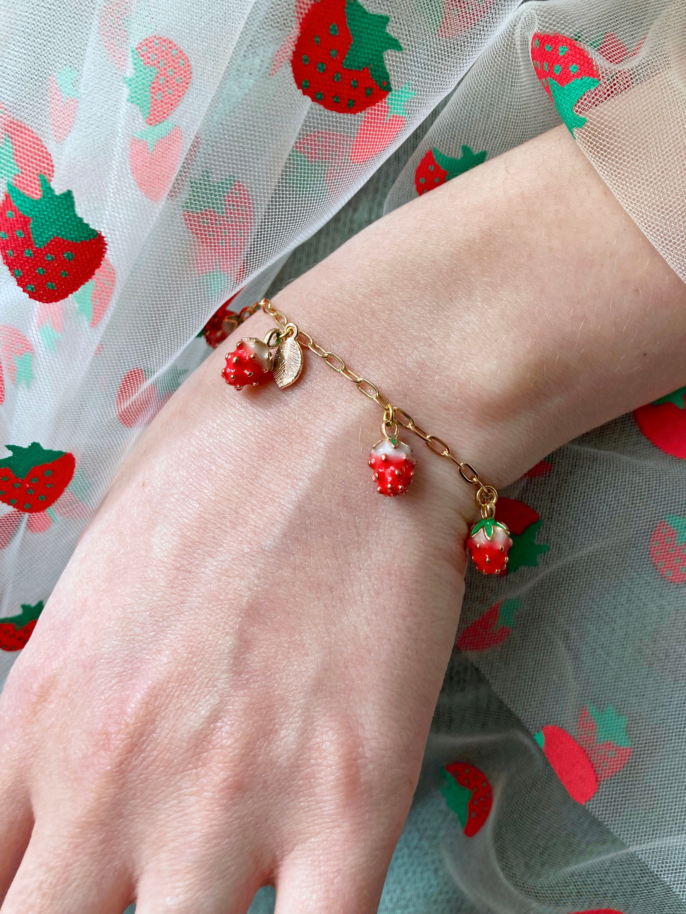 Strawberry charm bracelet strawberries adjustable bracelet fruit bracelet green leaf bracelet,