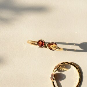 Natural Gemstone Duo Ring • Mozambique Garnet & Citrine Hammered Textured Minimalist Dainty Ring • 18k Gold Vermeil Ring • Ring for Her