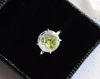 Natural Peridot Cut Floating in Crystal Rock Statement Ring • Pure Sterling Silver Handmade Unique Ring perfect for her • August Birthstone