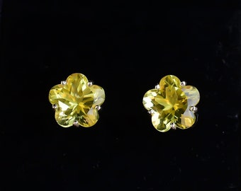 Natural Gemstone Lemon Quartz Flower Sterling Silver Studs Statement Earrings • Bright Vivid Yellow Statement Earrings for Women