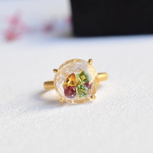 Natural Garnet, Citrine & Peridot Floating in Crystal Rock Statement Frosted 18k Gold Vermeil Ring • Handmade Ring for Daily Wear | US 6