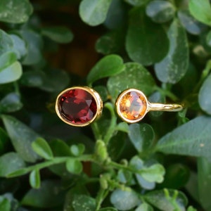 Natural Gemstone Duo Ring • Mozambique Garnet & Citrine Hammered Textured Minimalist Dainty Ring • 18k Gold Vermeil Ring • Ring for Her