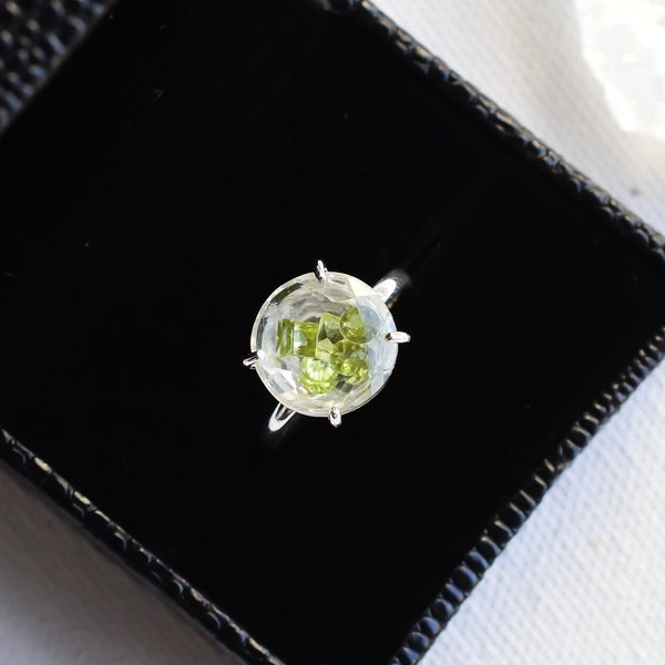 Natural Peridot Cut Floating in Crystal Rock Statement Ring • Pure Sterling Silver Handmade Unique Ring perfect for her • August Birthstone