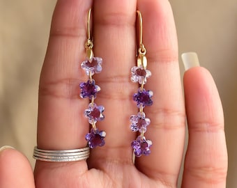 Shades of Brazilian Amethyst Floral Dangler Earrings • Pure 18k Gold Vermeil • Natural Handmade Gemstone Earrings For Women Everyday Wear