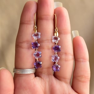Shades of Brazilian Amethyst Floral Dangler Earrings • Pure 18k Gold Vermeil • Natural Handmade Gemstone Earrings For Women Everyday Wear