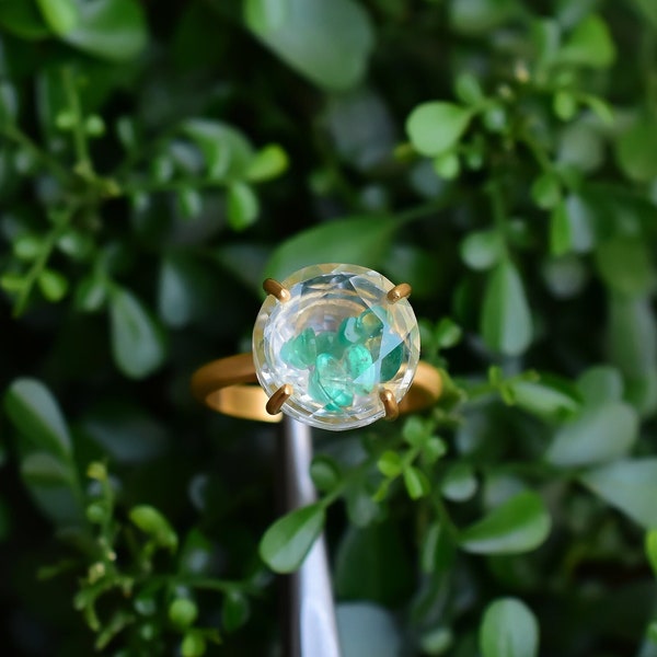 Natural Zambian Emerald Floating in Crystal Rock Statement Frosted Ring • 18k Pure Gold Vermeil Handmade Matt Ring for Daily Wear | US 6