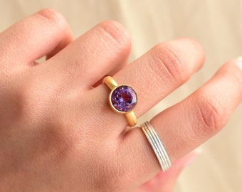 Royal Amethyst Elegance Natural Gemstone Ring • Matte Finish 18k Gold Vermeil Jewelry • Statement ring handmade for him and her | Size: US 6