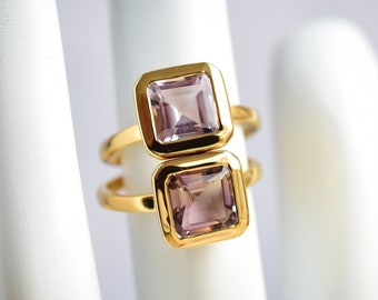 18k Gold Vermeil Natural Amethyst and Ametrine Asscher Cut Ring • Natural Gemstone Jewelry for Both Women and Men • Jewelry Gift |Size: US 6