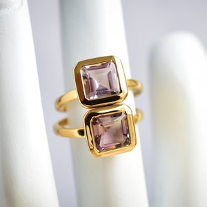 18k Gold Vermeil Natural Amethyst and Ametrine Asscher Cut Ring • Natural Gemstone Jewelry for Both Women and Men • Jewelry Gift |Size: US 6