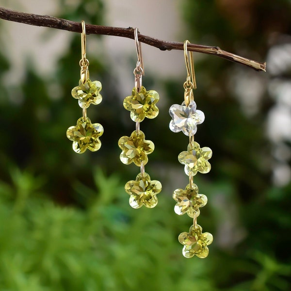 Helle Lemon Floral 18k & Rose Gold Dangler Ohrringe für Frauen • Natürliche Zitronenquarz-Kristall-Edelstein-Ohrringe für sie