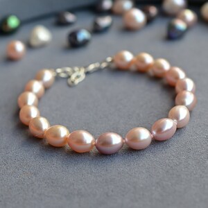 Freshwater Pearl Pink Oval Bracelet Jewelry for Her • AAA Natural Pearl Jewelry for Women • Sterling Silver Extender Chain • 7.5 + 1 Inch