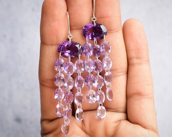 Brazil Amethyst Chandelier Long Dangler Earrings • Sterling Silver 925 Statement Jewelry • Natural Amethyst Gemstone earrings for women