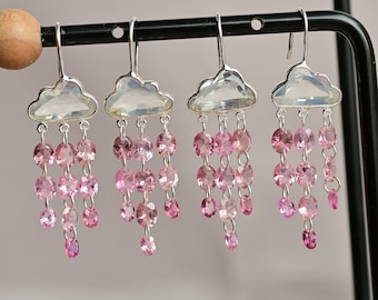 Moon Quartz, Pink Tourmaline Cloud Rain Drop Earrings • Pure Sterling Silver 925 Statement Jewelry for Her • Handmade Gemstone Jewelry