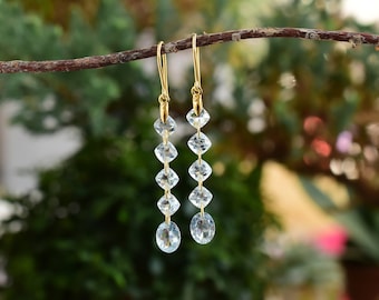 Aquamarine Long Earring Danglers for Women • Pure 18K Gold Vermeil Natural Gemstone Earring for her • Handmade Gemstone Earrings