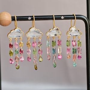 Multi Tourmaline & Quartz Rain Drop Earrings • 18K Pure Gold Vermeil Matte Statement Jewelry • Mix Gemstone earrings for women