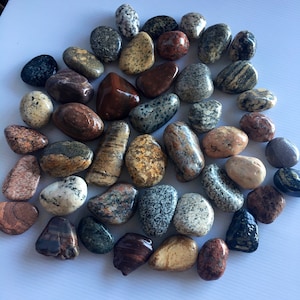 May include: A collection of smooth, polished stones in various shapes and sizes. The stones display a range of colors, including shades of brown, gray, red, and beige, with speckled and marbled patterns. Some stones have a glossy finish.