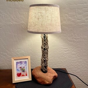 May include: A unique table lamp with a natural cholla cactus stem and a beige fabric shade. The lamp sits on a reddish-brown stone base. A small framed watercolor painting of a cactus and a heart is next to the lamp.