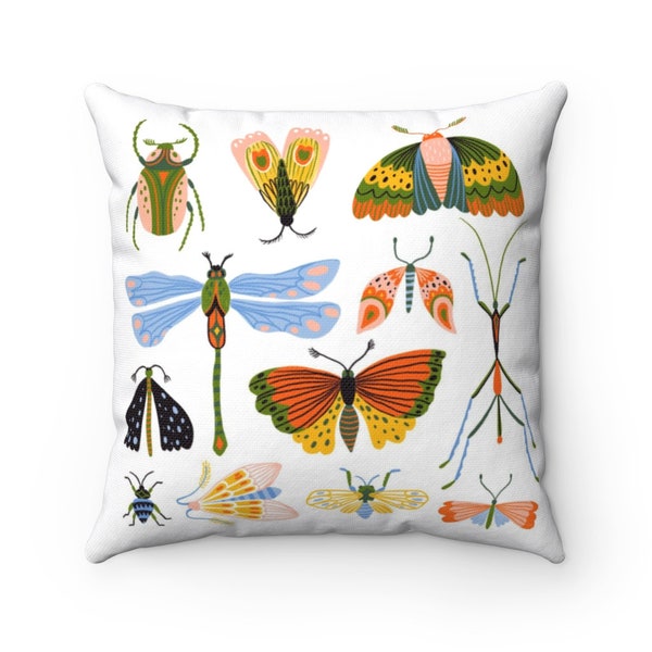 Bug Lover Pillow, Dragonfly Insect Pillow, Moth, Butterfly, Home Decor Accent Pillow, Square Pillow, Praying Mantis, Watercolor Art Pillow