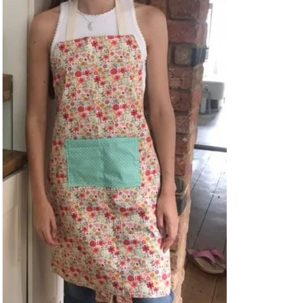 Reversible Homemade Apron Mint green / spot and ditsy floral fabric 100% cotton.  Perfect Gift for Christmas or Birthday. 2 aprons in one!