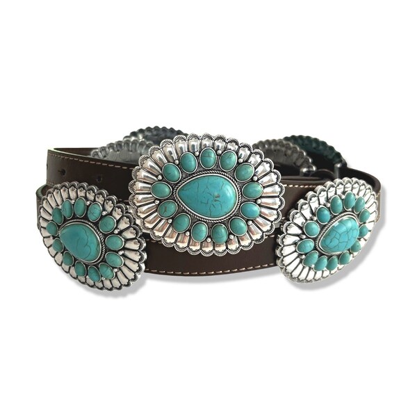 Western Turquoise Flower Concho Leather Belt