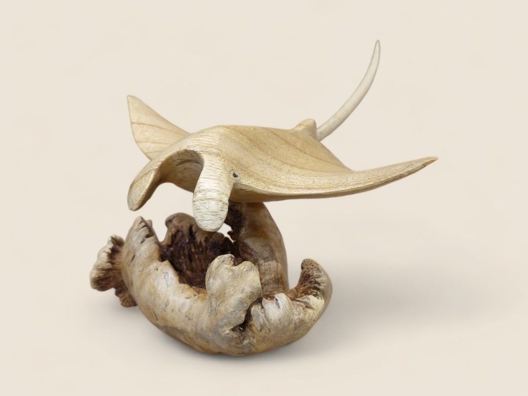 Hand Carved Wooden Manta Ray Sculpture on Parasitic Wood - Etsy UK