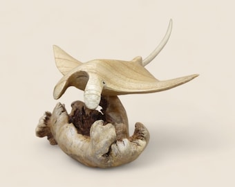 Hand Carved Wooden Manta Ray Sculpture on Parasitic Wood