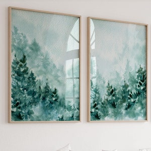 Bergwald Abstraktes Druck-Set 2er Set Grüner Wald Art Moderne Malerei Pine Trees Wandkunst Natur Poster Bauernhaus-Wanddeko
