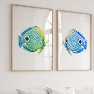 Blue Tropical Fish Art Set of 2 Prints, Discus Fish Painting Coastal Decor, Minimalist Art Watercolor Animals, Nursery Art Modern Home Decor