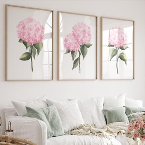 Blush rosa Hortensie Drucke Wandkunst, modernes Zuhause, minimalistisches Aquarell, botanische Poster, Strand Wandkunst, Hortensie Malerei