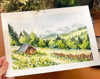 Flower Field Landscape Original Watercolor, Mountain Rustic Painting, Spring Original Wall Art, Spring Original Painting, Cabin Wall Art